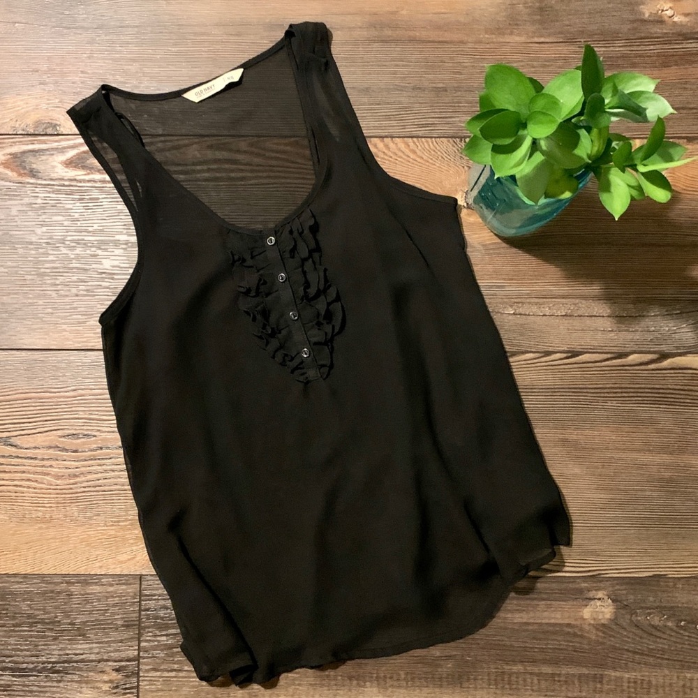 Black Sheer Ruffle Button Tank - XS